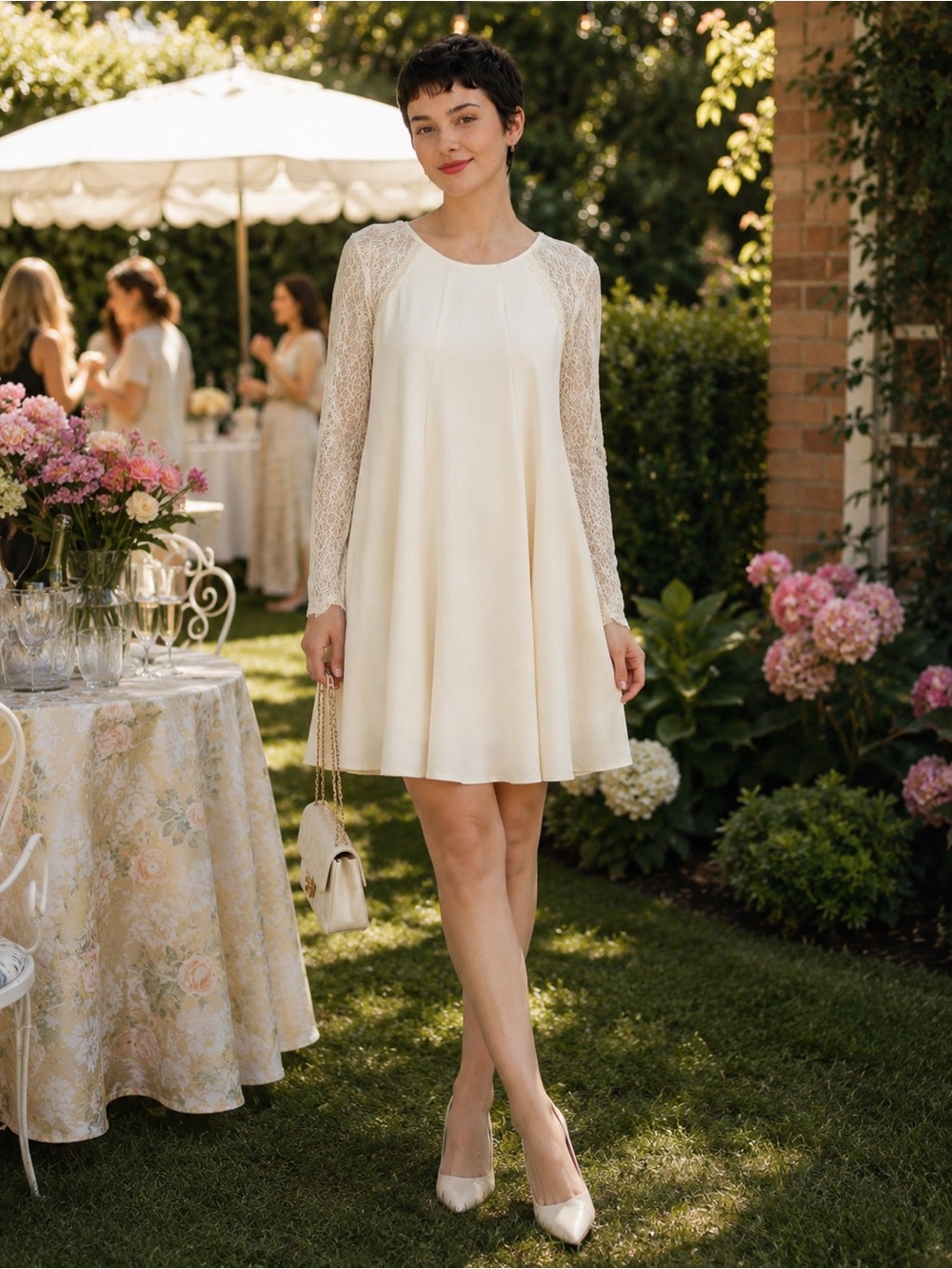 Juicy Couture Angel Lace Sleeve Crepe Dress Ivory Cream Fit & Flare NWT Size 4